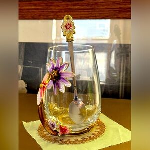 Beautiful & bedazzled Handmade enamel glass mug with matching spoon